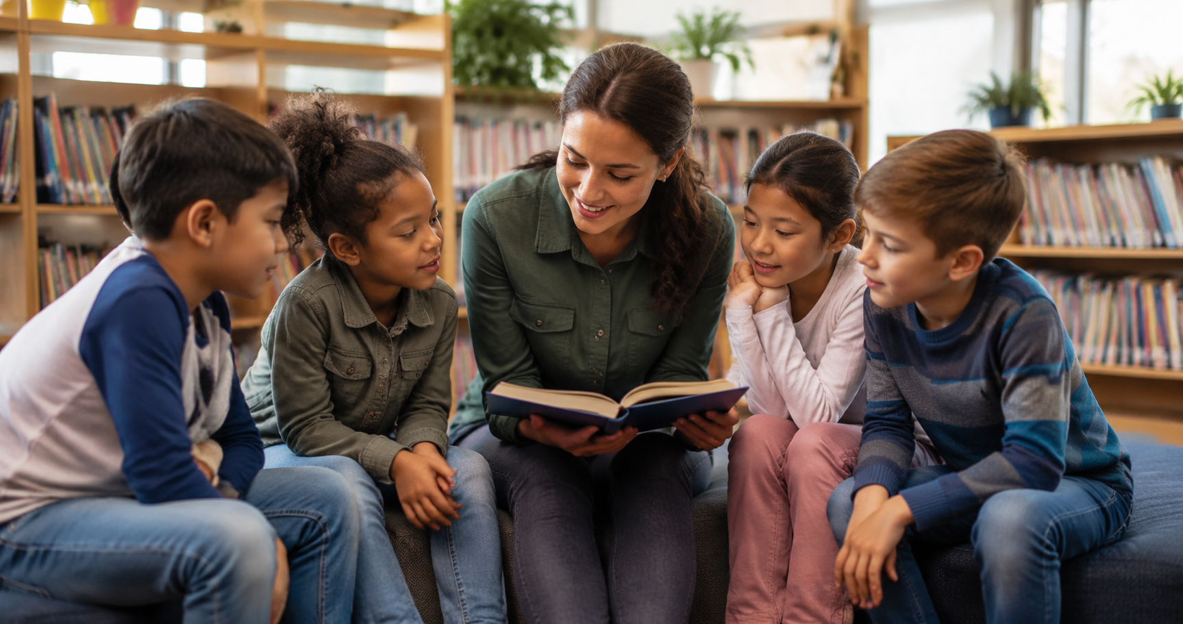 Illustrative photo of students and a teacher reading together in a school library space