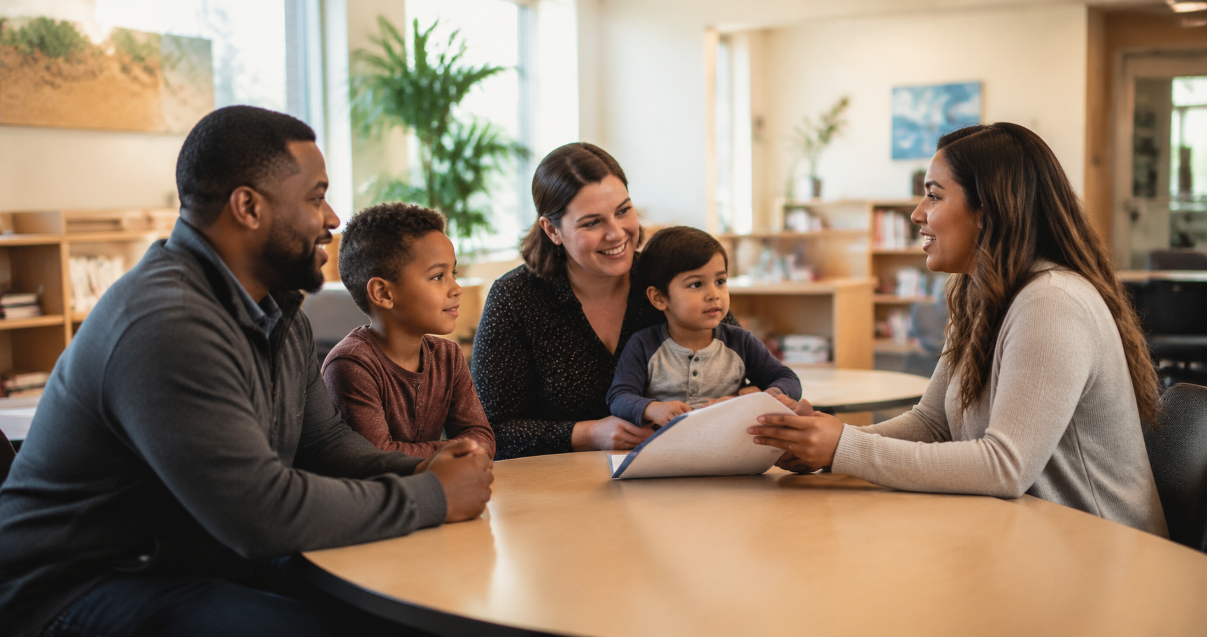 Illustrative photo of families reviewing school information with a staff member