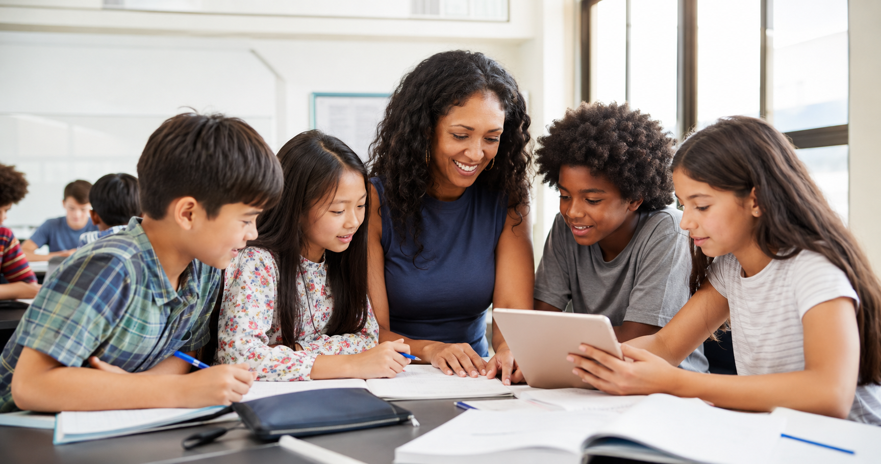 Illustrative photo of students and a teacher collaborating in a bright classroom