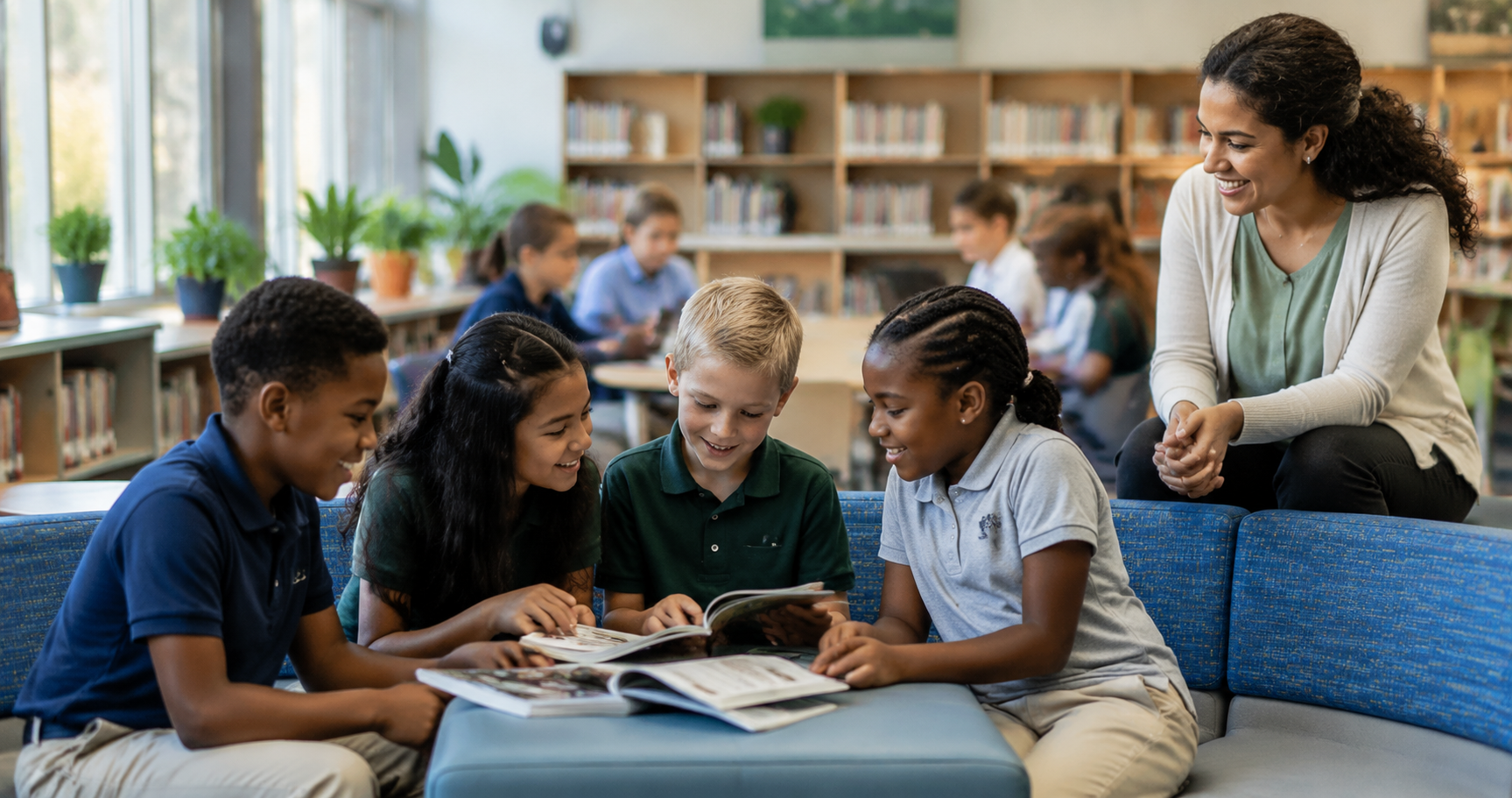 Illustrative photo of students and an educator in a bright school learning space
